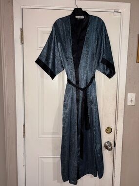 Silky Long Blue Patterned Kimono Robe with Black Trim